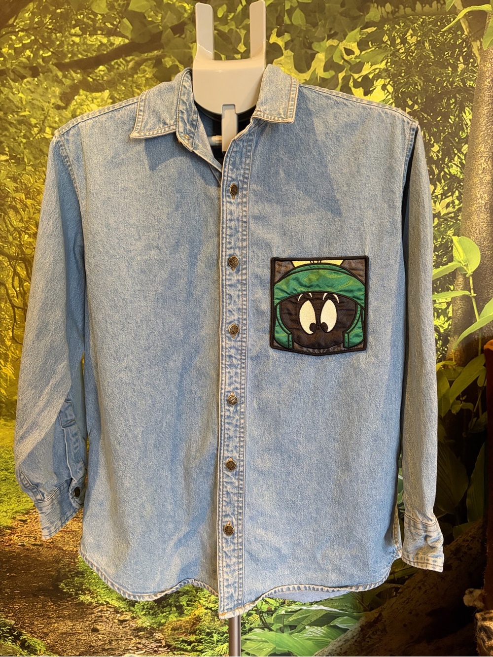 Warner Bros. Light Blue Denim Button-Down Shirt with Marvin the Martian Patch